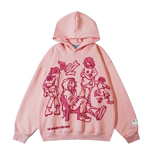 Aelfric Eden Graphic Hoodies for Men Vintage Pink Cartoon Printed Hoodie Sweatshirt Casual Oversized Long Sleeve Streetwear Hiphop Hooded Pullover