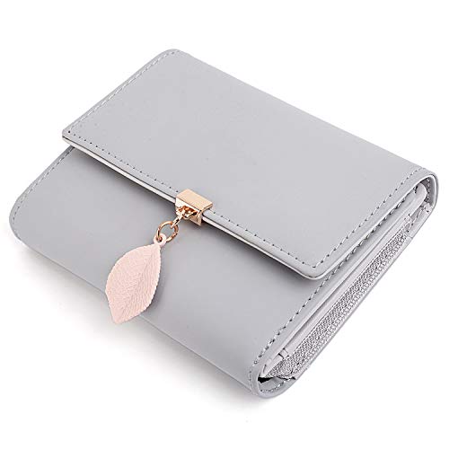 UTO Small Wallet for Women Girls Wallet Leather Vegan Leaf Pendant Card Holder Organizer Zipper Coin Purse