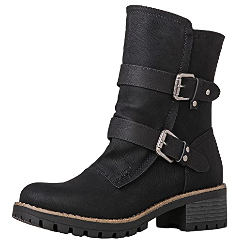 GLOBALWIN Women's Biker Boots Lace up Mid Calf Motorcycle Fashion Festival Boots Combat Riding Military Boots for Women Black Size 7
