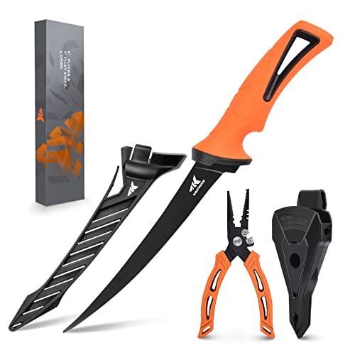 KastKing 6-inch Fishing Pliers and Fillet Knife, 6' Split Ring Nose Plier and 7' Fillet Knife, Orange