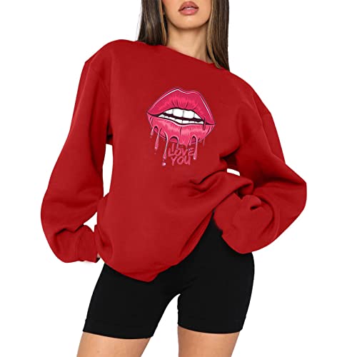 Tawop Ofertas Womens Long Sleeve Sweatshirt Solid Crewneck Pullover HoodlessLip Printted Fleece Winter Tops Holiday Outfits Red