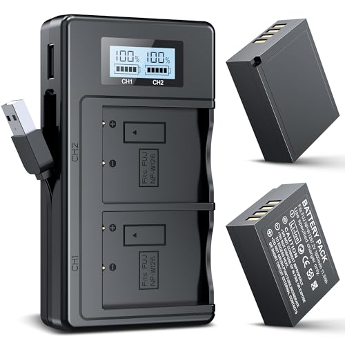 Battery Charger Set for NP-W126/NP-W126s Battery, 2 x 1600mAh NP-W126 Battery for Fujifilm X100V/X100F/X-S10/X-T1/X-T2/X-T3/X-T10/X-T20/X-T30/X-T30 II/X-T100/X-T200/X-A5/X-A10/X-E3/X-E4/X-Pro2/X-Pro3