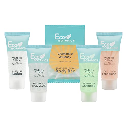 Eco Botanics Hotel Soaps & Toiletries Bulk Set | 0.85oz Hotel Shampoo & Conditioner, Body Wash, Body Lotion & Bar Soap Travel Size | 300 Pieces