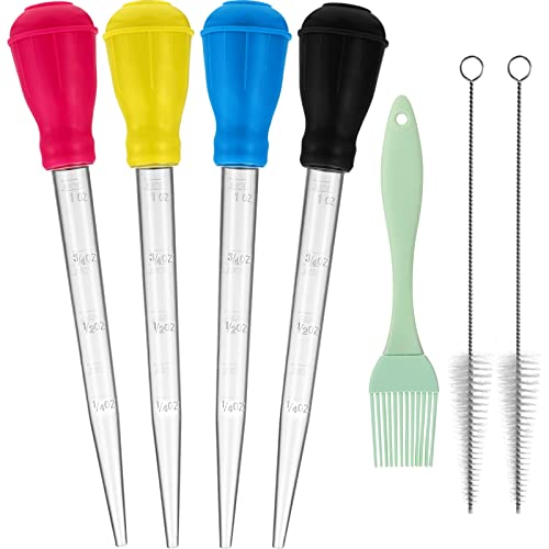Nylon Heat-resistant Turkey Baster Cooking Set Includes Meat Baster, 1 Silicone Basting Brush and 2 Cleaning Brush for BBQ Grill Baking Kitchen Cooking (7 Pieces, Multicolor)