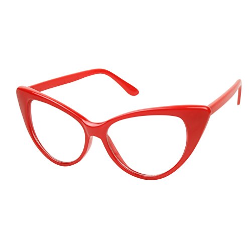 ShadyVEU Super Cat Eye Vintage Inspired Fashion Mod Clear Lens Sunglasses (Red Frame, Clear Lens)
