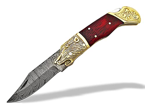 TNZ-524 Damascus Handmade Pocket Engraved Bolsters Folding Knife 4' Blade, 8.5' Overall ,8 oz, Padauk Wood Handle With Leather Cover  TNZ Hand Made Damascus knives