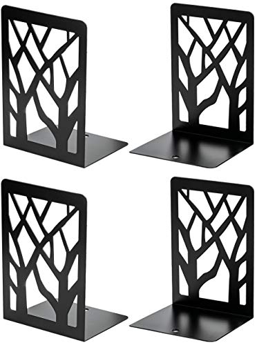 MaxGear Book Ends Tree Design Modern Bookends for Shelves, Non-Skid Book Holder, Heavy Duty Metal Book Storage for Books/CDs, Decorative Book Stopper for Home, 7 x 4.7 x 3.5”, Black (2 Pair/4 Pieces)