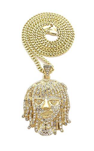 Pyramid Jeweler Mens Iced out Lil Pump Portrait Hip Hop Pendant & 24' Cuban Chain Necklace (Gold Cuban Chain set)