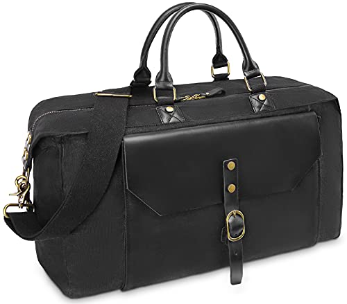 Canvas Travel Duffel Bags Genuine Leather Duffle Bag for Travel Waterproof Overnight Weekender Bag Carry On Bag for Men Women, Black