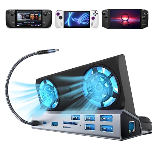 Shuomeng Steam Deck/Rog Ally/Switch/Legion Go Docking, Steam Deck OLED Docking Station Dual Fan,10-in-1 Stream Deck Dock, HDMI 2.0 4k@60hz, 1000Mbps Ethernet, 100W PD Charging Port, 5*USB, SD&TF