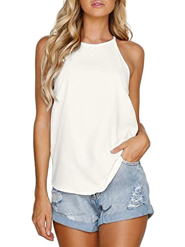 THANTH Womens Sexy Casual Summer Shirts Halter Spaghetti Strap Sleeveless Racer Back Tank Tops Loose Fit Ivory White L