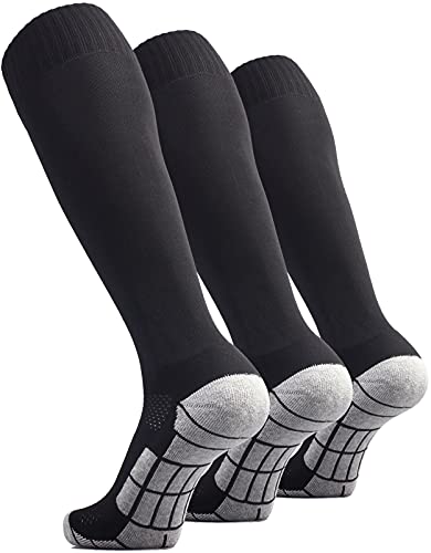 CWVLC Soccer Socks Mens Womens 3 Pairs Football Sport Team Athletic Knee High Long Tube Cotton Compression Socks Black Large (10-13 Women/8-12 Men)