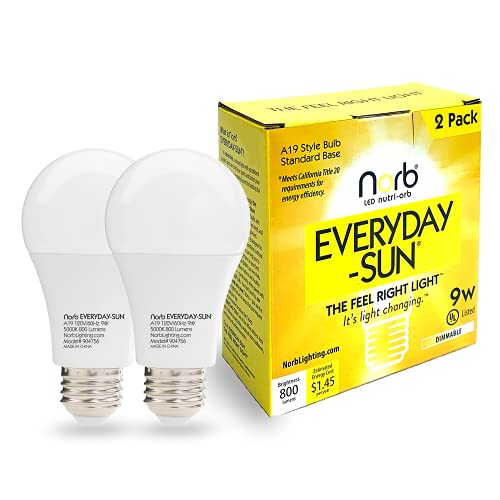 Norb NorbEVERYDAYSUN Full Spectrum Light Bulb with Sun-Mimicking Technology for Energy, Mood & Performance, Supports Sleep/Wake Cycles, 5000K, 9W, Standard Base, 2-Pack, US Based, Budget-Priced