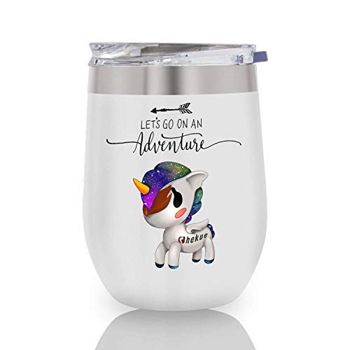 Insulated Wine Tumbler with Lid, Unicorn Stemless Stainless Steel Insulated Wine Glass 12oz, LET'S GO ON AN ADVENTURE' Coffee Mug, for Champaign, Cocktail, Beer, Office use (White)