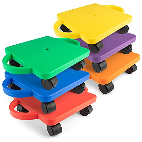 Champion Sports Scooter Board with Handles, Set of 6, Wide 12 x 12 Base - Multi-Colored, Fun Sports Scooters with Non-Marring Plastic Casters for Children - Premium Kids Outdoor Activities and Toys