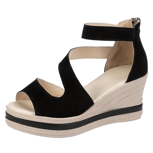 JEUROT Platform Sandals Women Wide Width Comfortable Wedge Sandals Open Toe Slip On Dress Sandals T Strap Back Zip Chunky Platform Heels Shoes (1-Black, 6.5)