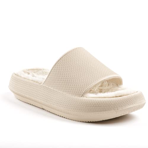 Plaka Pillow Cloud Slides for Women - Furry House Slippers for Women & Men, Indoor/Outdoor Comfy & Lightweight Cloudies, Non-Slip EVA Slide, Warming & Ergonomic Fit Slipper, Khaki, Size 6