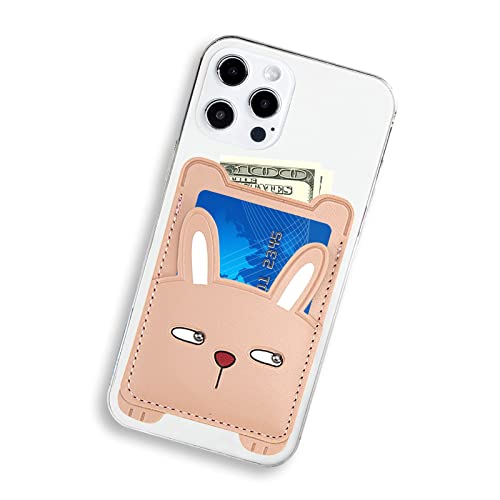 Wansurs Cell Phone Wallet,Pink Leather Cute Bunny, Secure Card Holder for iPhone, Android & Smartphones,Premium Leather,Adhesive Sleeve Pocket,Minimalist Design