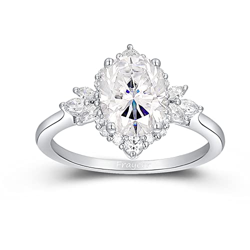 Frayerr Gift For Women - Vintage Moissanite Rings - Excellent Oval Cut 6x8mm Moissanite Proposal Ring - Platinum Plated 925 Sterling Silver Halo Ring - Birthstone Ring (7.5)