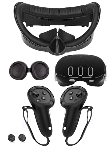 Facial Interface Set for Meta Quest 3 Accessoris, Bracket Frame & PU Foam Face Cover & Silicone Controller Grips Cover, Lens and Shell Protective Anti-Leakage Nose Pad for Oculus Quest 3