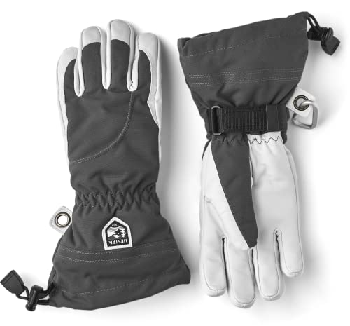 Hestra Heli Ski Womens Glove - Classic 5-Finger Leather Snow Glove for Skiing, Snowboarding and Mountaineering (Women’s Fit) - Grey/Offwhite - 8