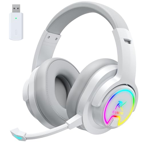 Krysenix PG3 RGB Wireless Gaming Headset for PS4, PS5, PC - 2.4GHz 7.1 Surround Sound, Bluetooth Gaming Headphone with AI Detachable Noise Canceling Mic, 48-Hr Battery for Laptop, Switch, Mac (White)