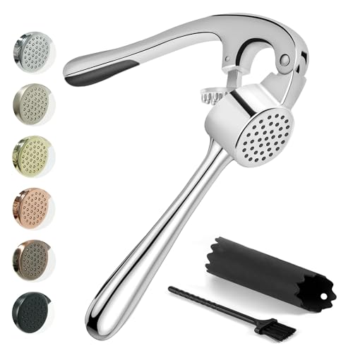 Premium Garlic Press, Garlic Mincer Set of 3 with Silicone Roller Peeler & Cleaning Brush - Gloss Silver