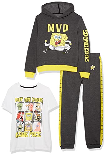 Nickelodeon Big Spongebob Squarepants Graphic Hoodie, T-Shirt, & Jogger Sweatpant, 3-Piece Athleisure Outfit Bundle Set-Boys 4-20, Charcoal Heather/Yellow/White, 8