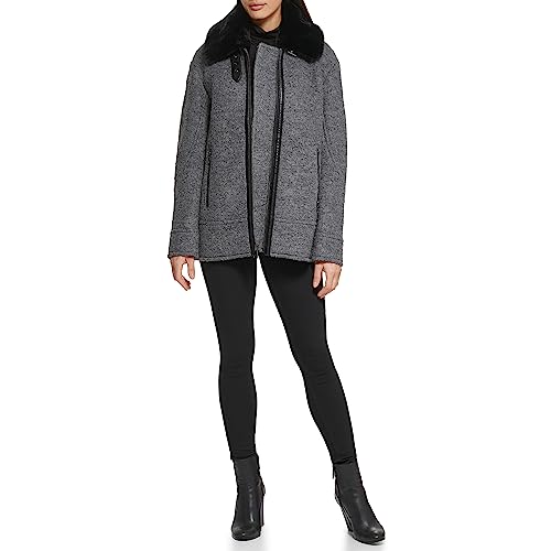 Kenneth Cole Women's Full Zip Boucle Wool Coat, FUR COLLAR CHARCOAL, X-Small