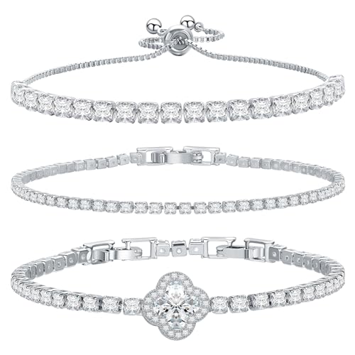 14K Silver Plated Tennis Bracelet Cubic Zirconia Classic Adjustable Bracelet Silver Bracelets for Women Girls Birthday Valentine Mother's Day Jewelry Gift (GSZH-014)