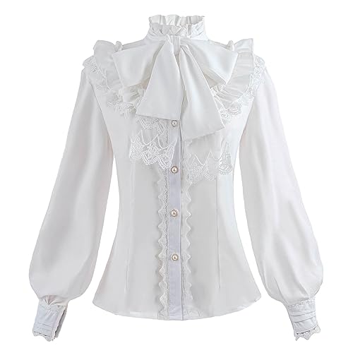 Nuoqi Women Lolita Lace Stand-Up Collar White Lotus Ruffle Shirt Retro Victorian Blouse GC238A-M