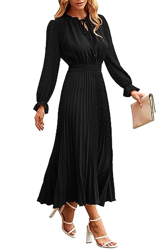 PRETTYGARDEN Women's 2023 Fall Midi Dress Casual Long Sleeve V Neck Swiss Dot Pleated A Line Flowy Dresses (Black,Large)