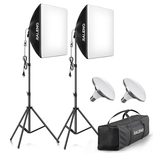 RALENO Softbox Photography Lighting Kit, Studio Lights with 2X50W 5500K LED Bulbs, 20''X20'' Video Lighting for Photoshoot/Video Recording/Live Streaming