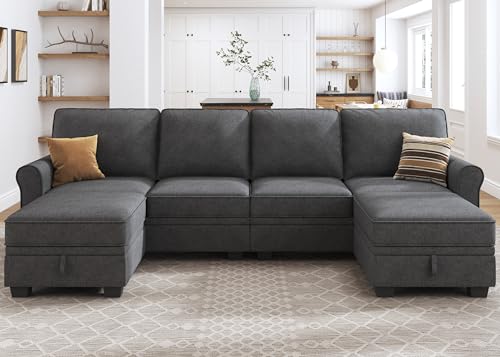 HONBAY Convertible Sectional Sofa with Storage Seat U Shaped Sectional Couch with Reversible Chaise 6 Seat Sofa for Living Room,Dark Grey
