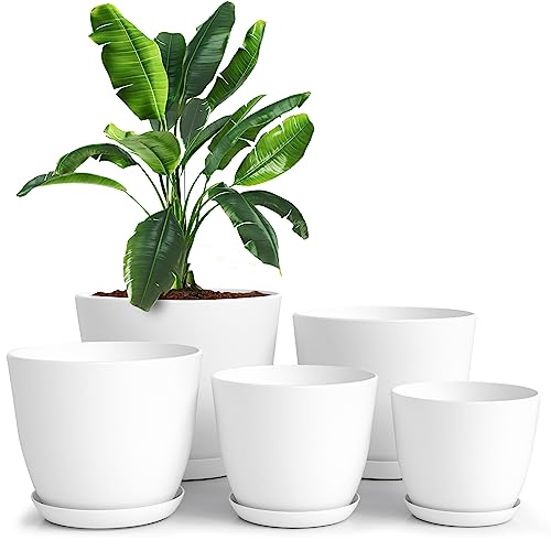 Utopia Home - Plant Pots with Drainage - 7/6.6/6/5.3/4.8 Inches Home Decor Flower Pots for Indoor Planter - Pack of 5 Plastic Planters, Cactus, Succulents Pot - White