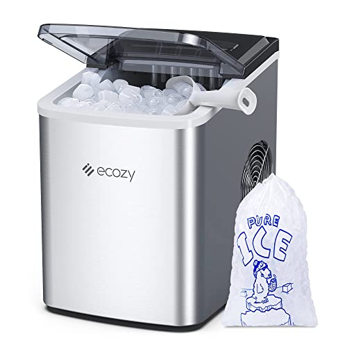 ecozy Portable Ice Maker Countertop, 9 Cubes Ready in 6 Mins, 26.5 lbs in 24 Hours, Self-Cleaning Ice Maker Machine with Ice Bags/Ice Scoop/Ice Basket for Home Kitchen Office Bar Party, Silver