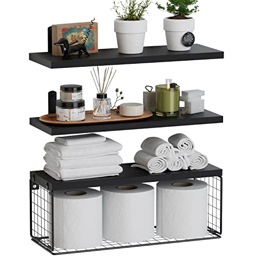 WOPITUES Bathroom Shelf Over Toilet, Floating Bathroom Shelf Wall Mounted with Wire Basket, Floating Shelf for Wall Décor-Black