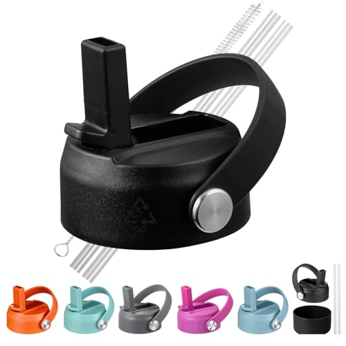 LLCJYYCY Lids with Straw for Hydroflask Wide Mouth 20 32 40 oz, Flex Straw Lid Fit for Hydro Flask Sports Water Bottles, Flexible Handle Replacement Lid Straws Cap Top Accessories (Black)