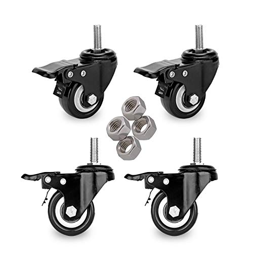 2' Stem Caster Wheels with Safety Dual Locking 600Lbs Heavy Duty Threaded Stem Casters No Noise Swivel Castors with Brakes 3/8'- 16 x 1' (Set of 4)