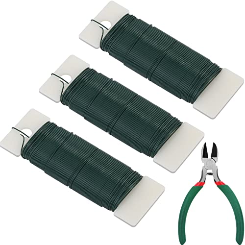 PAXCOO 3 Pack 110 Yards Green Floral Wire 22 Gauge with Wire Cutter, Flexible Craft Paddle Wire Florist Wire for Wreaths Making, Crafts and Floral Flower Arrangements