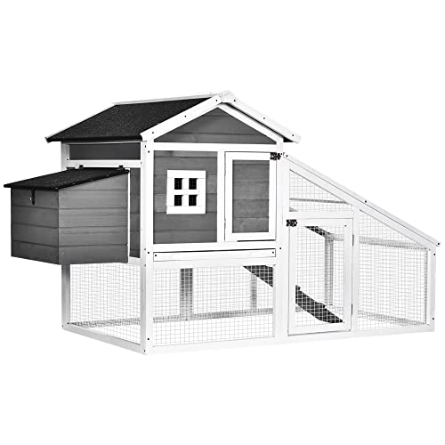 PawHut 69' Chicken Coop Wooden Chicken House, Rabbit Hutch Pen, Outdoor Backyard Poultry Hen Cage with Run with Nesting Box, Removable Tray, Asphalt Roof, and Safe Lockable Door