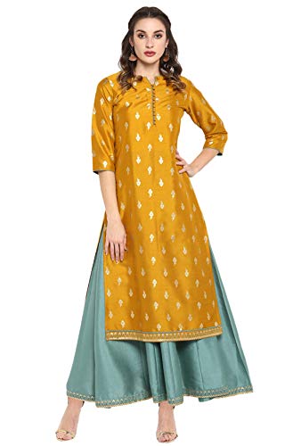 Janasya Women's Mustard Foil Printed Poly Silk Ethnic Dress