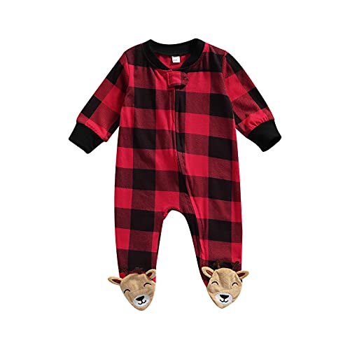 Kuriozud Newborn Baby Girl Boy Christmas Buffalo Plaid Footie Romper One Piece Zipper Sleeper Clothes (Plaid Zipper Footie B, 6-9 Months)