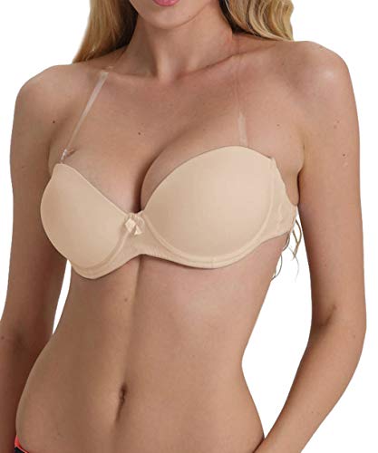 Strapless Bra with Clear Back Invisible Strap Push Up Padded Underwire Backless Halter Bralette 34C, Beige