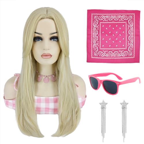 Ariker Blonde Wig for Cowgirl Costume Women with Glasses Earrings Scarf Long Blonde Wig for Weird Doll Wig with Accessories for Halloween Costume Party AK031A