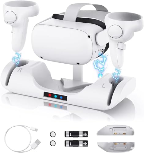 Upgraded Charging Dock with LED Light for Oculus Quest 2,Charging Station with 2 Rechargeable Batteries for Meta Oculus Quest 2 Accessories,Headset Display Stand and Controller Mount,Magnetic Cable