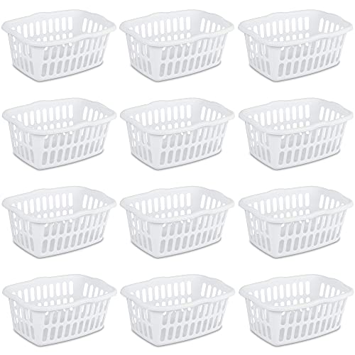 Sterilite 1.5 Bushel Rectangular Laundry Basket, Plastic, Classic Design for Carrying Clothes to and from the Laundry Room, White, 12-Pack