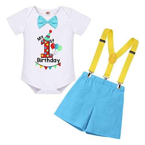 IBTOM CASTLE 1st First Birthday Outfit Baby Boy Cake Smash One Year Old Party Newborn Toddler Bow Tie Birthday Party Decorations and Supplies Suspenders 3PCS Clothes Set Photo Shoot Blue 12-18 Months
