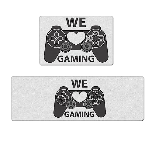 LaBLUUX Anti Fatigue PVC Kitchen Mat Set, WE Gaming Gray Gamepad Continuous Joystick Kitchen Mats and Rugs, Non-Slip Waterproof Comfort Cushion Standing Floor Rugs Set of 2, 18” x 30” + 18” x 59”