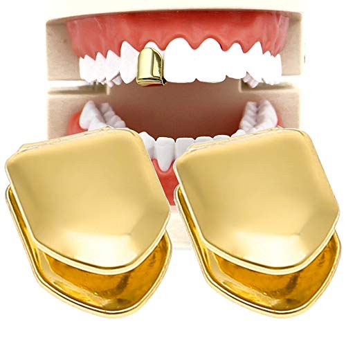 HuiYouHui 2 Pieces 14K Plated Gold Grillz Mouth Teeth, Hip Hop Teeth Plain, Top Tooth Single Grill Cap for Teeth Mouth, Party Accessories Teeth Grills (Color : Gold)
